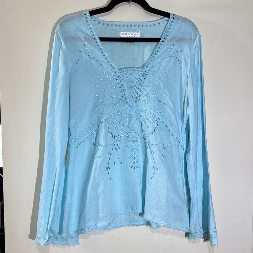 Nougat London Blue Embroidered 100% Linen Long Sleeve Blouse Raw Hem Summer